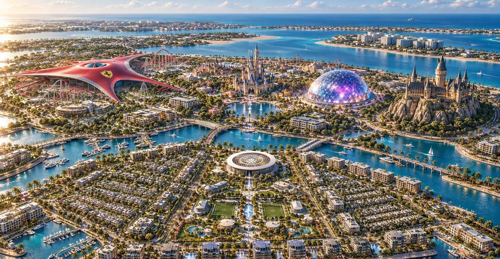 Illustrative daytime aerial of Yas Island with Manchester City Yas Residences, the canals and the island's attractions