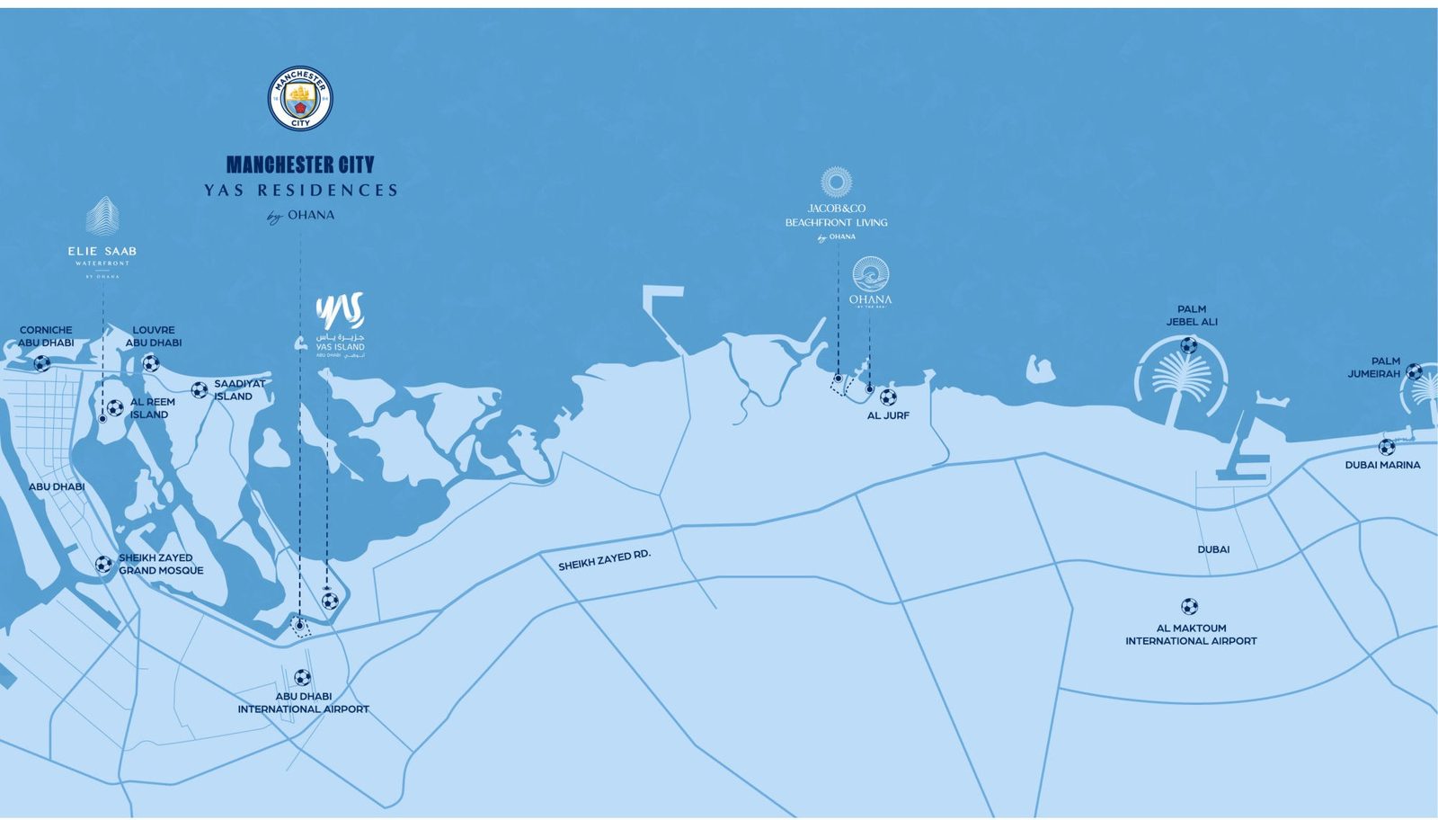 Map of Abu Dhabi and Dubai showing Manchester City Yas Residences on Yas Canal, with nearby landmarks and airports